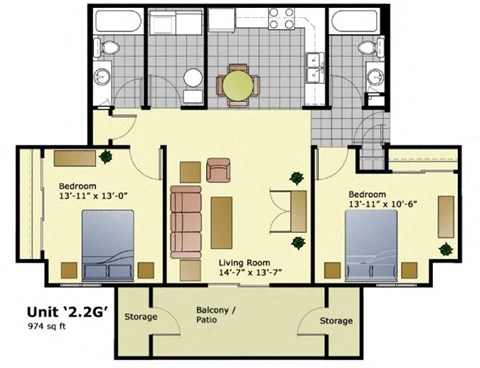 Floor plan for 2 beds, 2 baths, 974 sqft